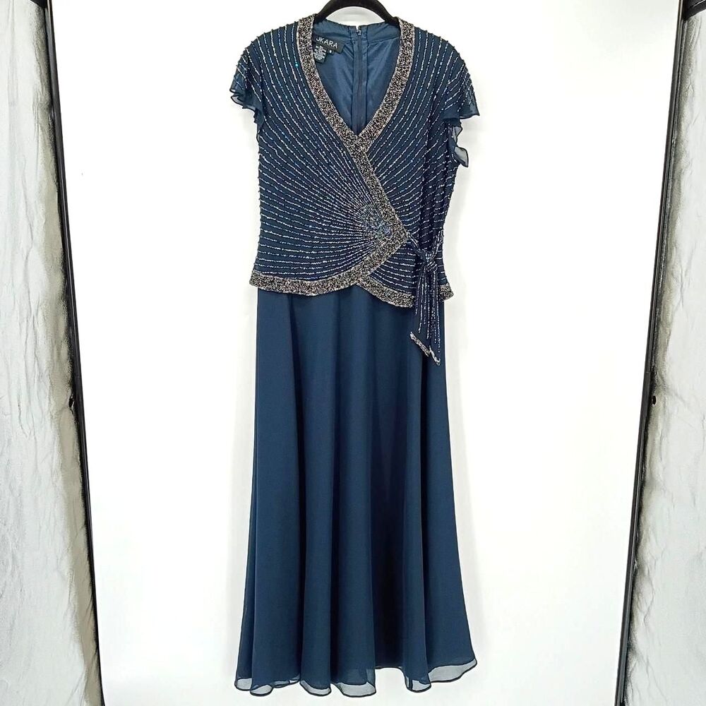 J Kara Navy Beaded Faux Wrap Gown Chiffon Flutter Sleeve Side Tie 8 Elegant